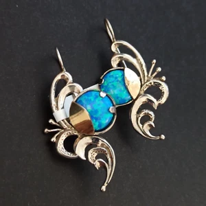 Silver Gold Opal Earrings Art Nouveau Revival Swirls Long Statement Blue Gift - Picture 1 of 14