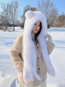 Women's One Set Real Fox Fur Hat +Scarf Warm Knitted Shawl Cap Outdoor Scarves - Picture 1 of 9