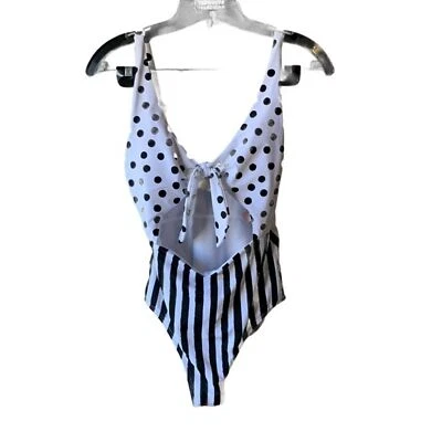 No Boundaries 1 Piece Swim Suit Black White Polka Dots Stripes Cutout Padded M - Image 1 of 4