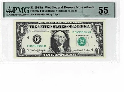 1988A Federal Reserve 'WEB' note-fr.1917-F (FM Block) 3/1-PMG AU 55 - Image 1 of 4