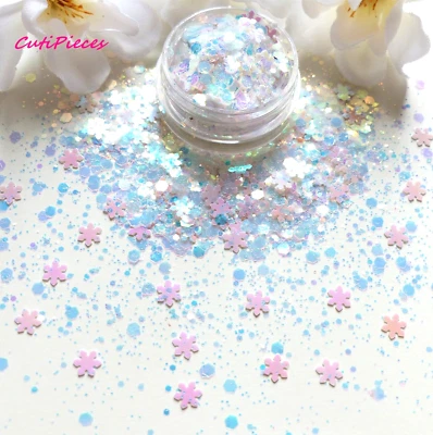 Nail Art Chunky *Crystal* Xmas Iridescent Hex Snowflakes Glitter Spangle 5ml Pot