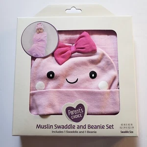 Muslin Swaddle & Beanie Set -Pink- Parents Choice -100%Cotton -40inx40in- New - Picture 1 of 1