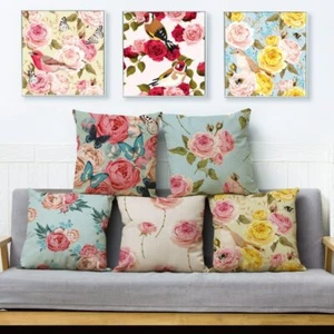 Nordic Simple Pink Rose Flower Bird Plant Cartoon Floral Printed Cushion Cover - Picture 1 of 36