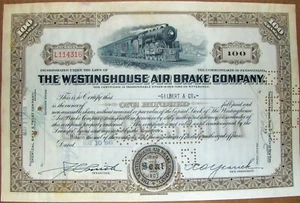 Stock certificate Westinghouse Air Brake Comp. Pennsylvania 100 shares, 1940's - Picture 1 of 2