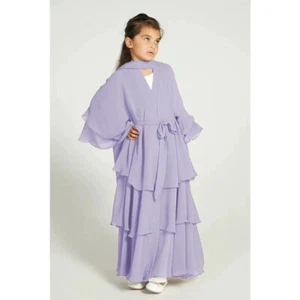 Dubai Abaya Muslim Kids Girls Chiffon Ruffle Maxi Dress Kaftan Islam Arab Child - Picture 1 of 26