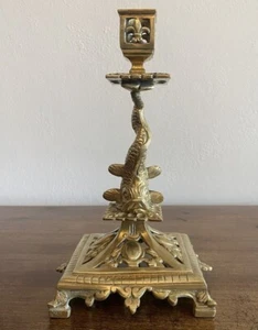Antique French Gilt Bronze Candlestick With Dolphin Flower Decor 19th Century - Picture 1 of 8