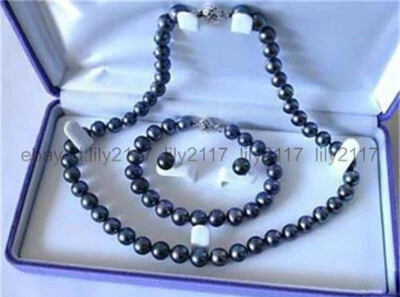 Genuine 7-8mm Black Akoya Cultured Pearl Necklace Bracelet Earrings Jewelry Set - Image 1 of 4