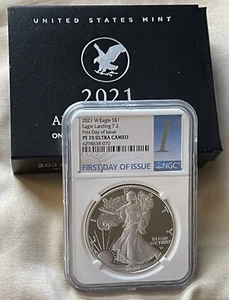 2021 W 1oz Silver Eagle NGC PF70 Ultra Cameo Type2  First Day of Issue W-Box COA - Picture 1 of 2