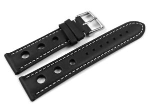 Bracelet montre - cuir de veau perforé - noir - couture blanche 18,20,22 mm NEUF
