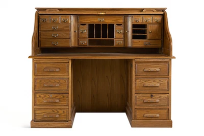 Antiguo escritorio enrollable de roble macizo - Cierre de pandereta clásico, doble pedestal Foto 1 de 2