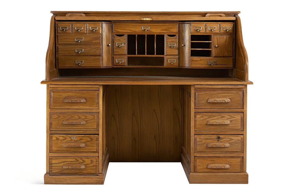 古董实心橡木滚顶书桌-经典手鼓闭合,双座灯 — 第 1/2 张图片