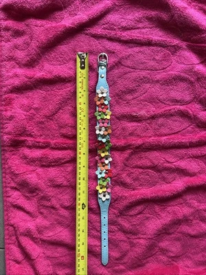 Sky Blue Whippet Leather Collar With Flower Design 12-14 Inch - Image 1 of 4