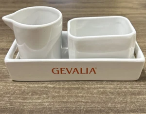 GEVALIA White Ceramic Creamer & Sugar Packet Holder Set Red Lettering - Picture 1 of 7