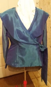 Blue Iridescent Chiffon Blazer Jacket Sheer Sleeves Women Sz Medium Helene Blake - Picture 1 of 12