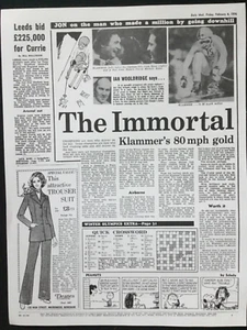 POSTER/NEWSPAPER PAGE, FEB 1976 FRANZ KLAMMER’S 80 MPH DOWNHILL SKI OLYMPIC GOLD - Picture 1 of 22