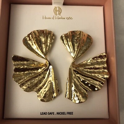House Of Harlow 1960 Gold Tone Twisted Abstract Double Leaf Drop Earrings NIB - Image 1 of 4