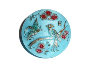 Wonderful Czech Glass Peacocks Box Shank Button Blue w/ Gold 1-1/8" Diameter - Picture 1 of 7