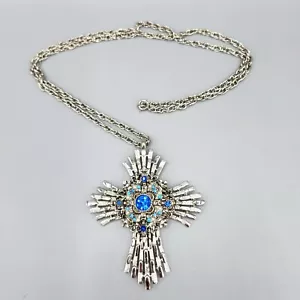 Vintage Silver Tone Blue Rhinestone Faux Pearl Cross Pendant Chain Necklace 26" - Picture 1 of 9