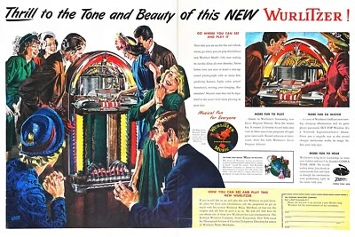 1947 WURLITZER JUKE BOX Genuine Vintage 2-PAGE Print Ad Phonograph 14" x 20" Ad - Image 1 of 3