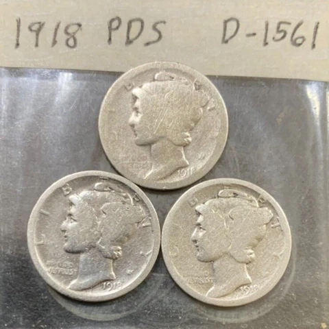 1918 P D S Mercury Dime Year Set ~ 90% Silver ~ 3 Brilliant U.S. Coins Cover