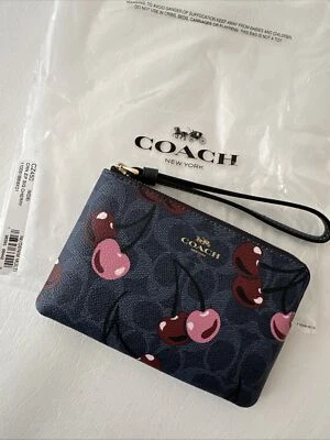 NWT Coach CZ450 Corner Zip Wristlet in Signature Canvas w/ Cherry Print ~ Denim - Image 1 of 4