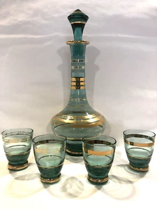 Vintage Bohemian Blue Decanter Cordial Liquor Set Gold Stripe Trim 4 Shot Glass - Picture 1 of 9