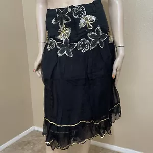 Women’s Black Silk Casual Beaded Embroidered Ruffle Zipper Size S(4-6) Skirt - Picture 1 of 12