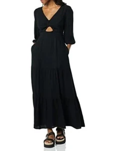 Goodthreads Women's Fluid Twill Puff Sleeve Cutout Maxi Dress, Black, X-Small - Picture 1 of 4