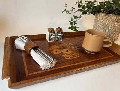 Vintage Wooden Teak Marquetry Serving Tray Floral Inlay Mid Century Homeware - Image 1 of 4