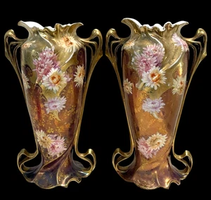 Par de jarrones antiguos Art Nouveau oro iridiscente floral real Viena Alemania - Imagen 1 de 24