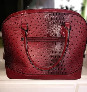 Dasein Red Ostrich Style Patent Leather Handbag W/Shoulder Strap & Cardholder  - Picture 1 of 5