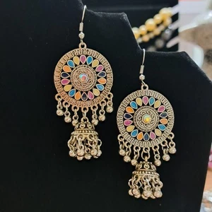 Pierced Boho Hippie Dangle Enamel goldtone pierced Chandelier earrings  - Picture 1 of 3