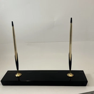 Conjunto de canetas vintage CROSS mesa azul e preta base de cristal preto jato folheado a ouro 10K GF EUA - Imagem 1 de 4