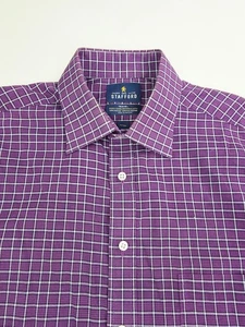 Stafford Fitted Size 16 32-33 Mens Plum White Check Spread Collar Travel Shirt - Picture 1 of 8