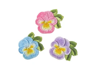 Set of 3 Hand Dyed Crochet Flower Appliques, Hand Painted Pastel Pansy - Picture 1 of 4