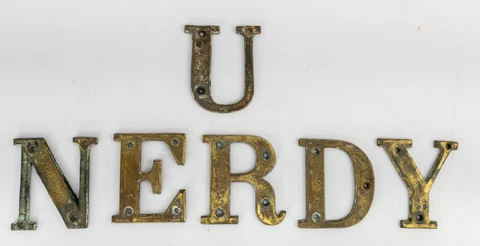 Antique Group of 6 Tarnished Brass Letters Nerd Nerdy Nude Run Decor Cover