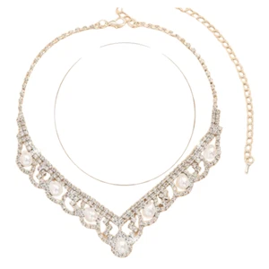 Stylish Glitter Rhinestones Imitation Pearl Wedding Statement Necklace 100 UK - Picture 1 of 7