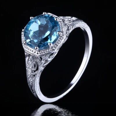 ¡Impecable! Alianza de compromiso vintage de topacio azul cielo milgrain oro blanco de 10 k Foto 1 de 4