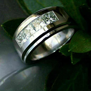 Princess Cut Certified Moissanite Luxurious Wedding Band 14K White Gold Plated - Picture 1 of 12