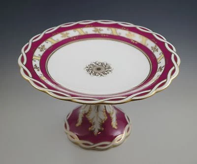 ANTIGUO SOPORTE PARA PASTELES LG PORCELANA INGLESA ROCKINGHAM TAZZA, CABLE DORADO GRANATE Foto 1 de 4