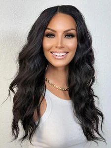 Matte Jet Black Textured Hair Wig | Natural Thick Wavy Human Hair Blend Wig - Picture 1 of 8