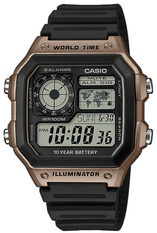 Casio Ae1200wh-5av World Time Watch Chronograph 5 Alarms 10 Year Battery