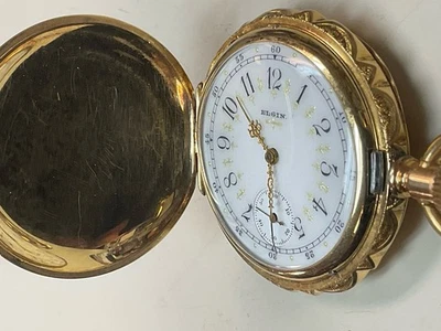 18K Gold ELGIN Pocket Watch Hunter 6s Size 1900 Fancy Dial Grade 216 - Image 1 of 4