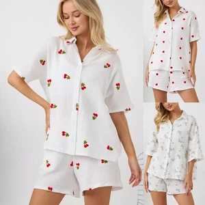 Women Cotton Pyjamas 2pcs Set Pjs Summer Casual Loungewear Nightwear Tops Shorts - Picture 1 of 19
