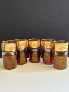 Vtg Italian Shot Glass Set 5 Sherry Cordial 22k Gold Ruby Grape Leaf - Picture 1 of 24