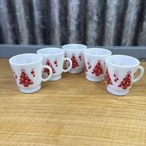 5 VTG Hazel Atlas Milk Glass Mug Cup Red Holiday Christmas Tree Egg Nog Coffee - Picture 1 of 10