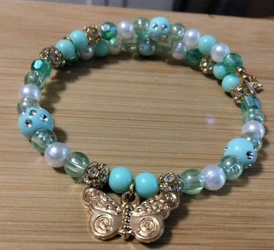 Handmade 10in Wrap Bracelet- Rhinestone Spacers, Glass, Plastic-3 Butterflies. - Image 1 of 4