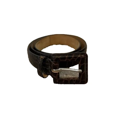 Cinto de couro vintage feminino S marrom crocodilo em relevo fivela quadrada 349BT04 - Imagem 1 de 4