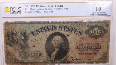 $1 de 1869, nota de licitación legal., graduación profesional en muy buena condición-10., venta de tienda #GLT028 Foto 1 de 4