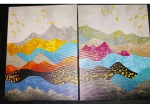 Abstract Wall Art. 11x17 Mountain Hills Birds. Landscape Canvas. Lot Of 2. New  - Picture 1 of 4